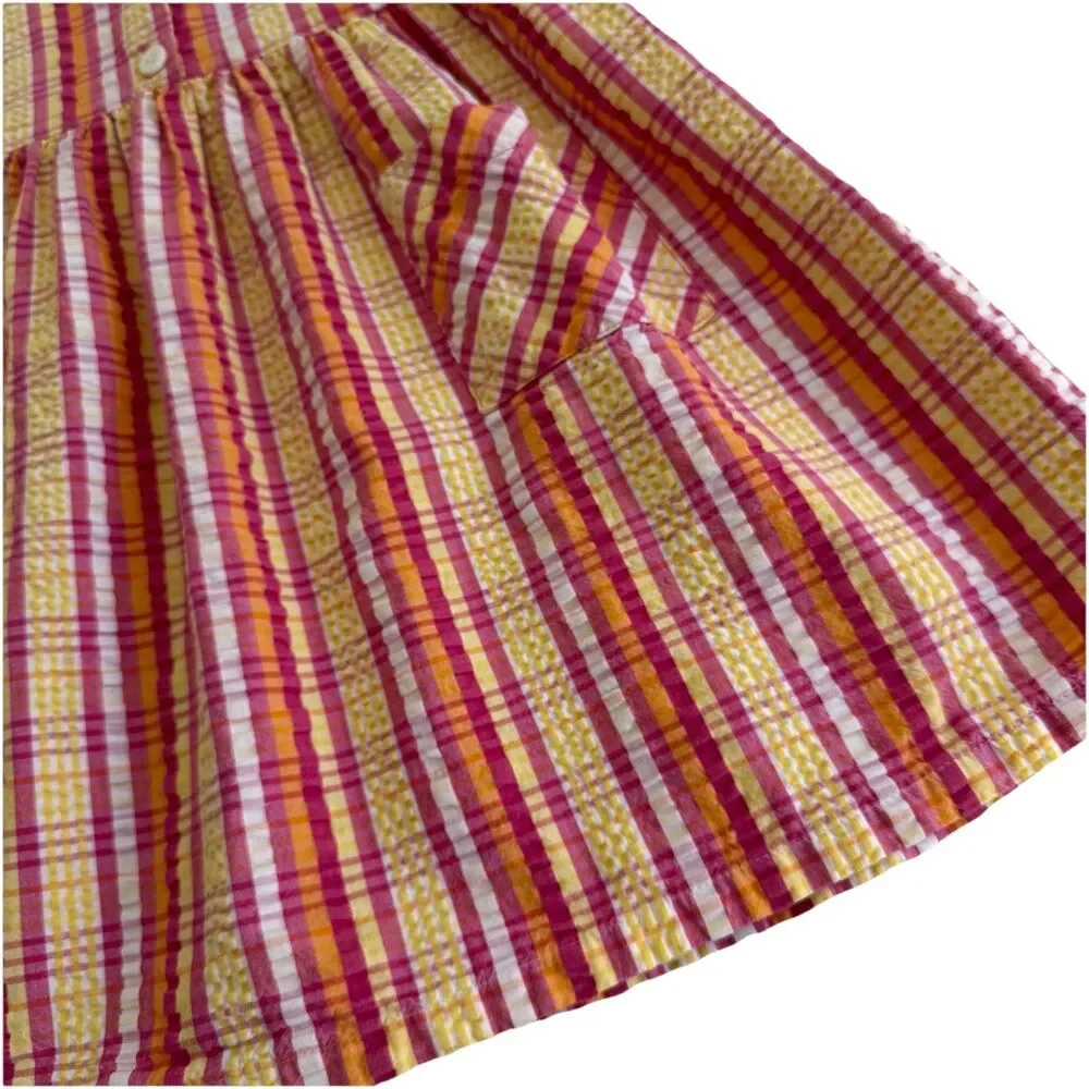 VTG Healthtex Dress Girls Pink Yellow Orange Plaid Seersucker 100% Cotton Sz 6